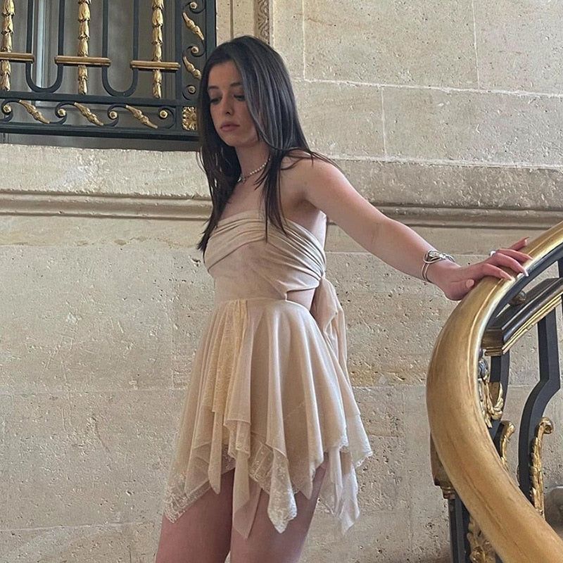 Beige Strapless Ruched Mesh Open Back Handkerchief Hem Mini Dress