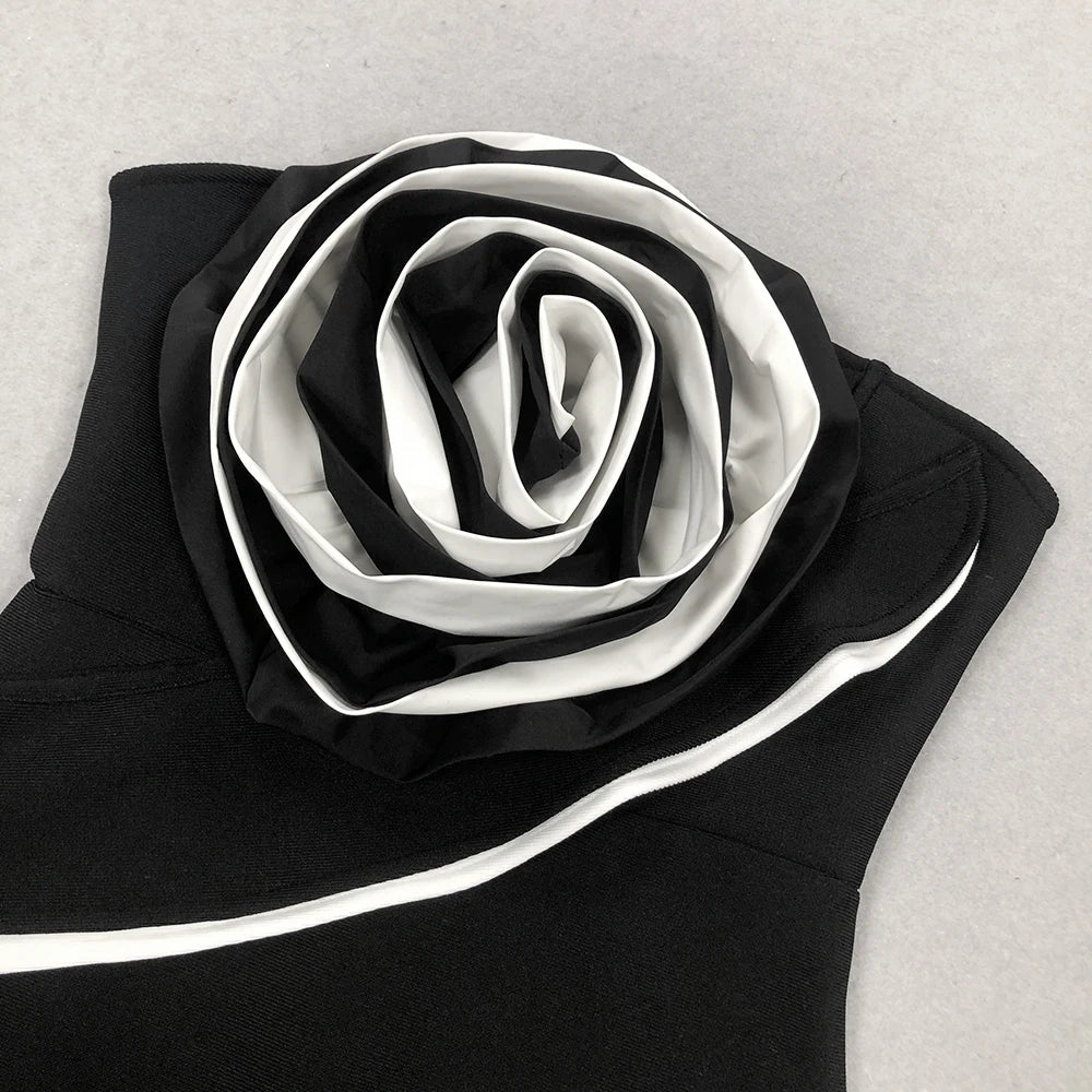 3D Flower Strapless Asymmetric Black Maxi Dress
