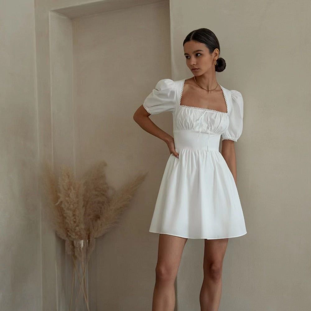 White Square Neck Puff Sleeve Tie Front Fit and Flare Mini Dress