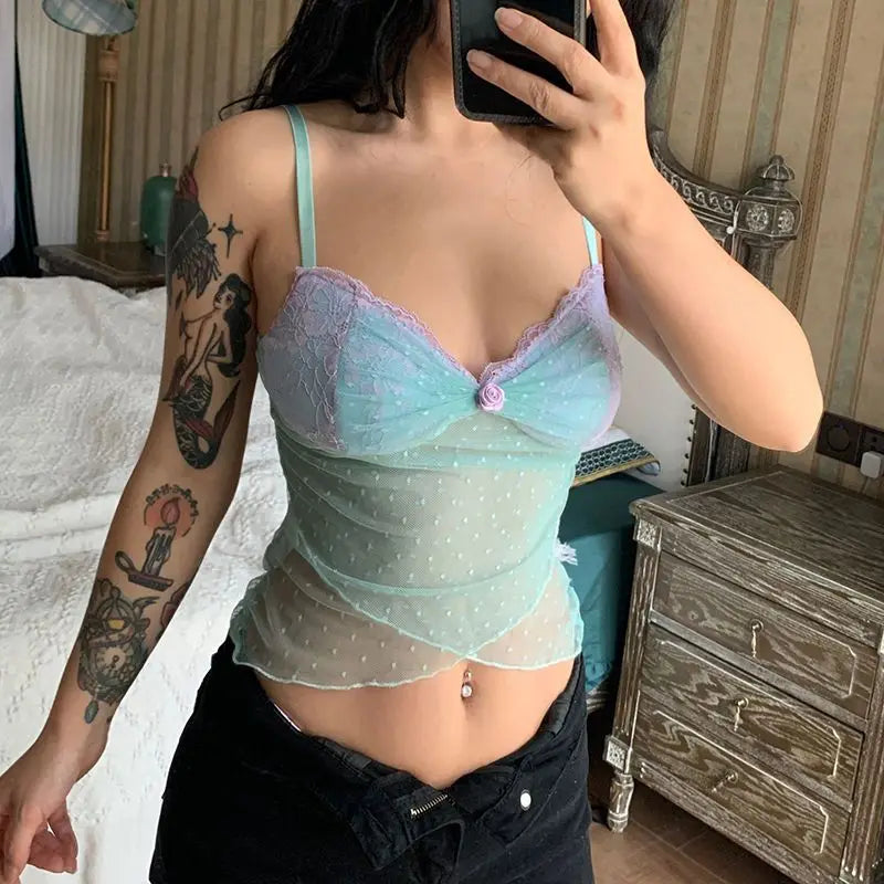 Y2K Frill Lace Trim Mesh Sheer Top