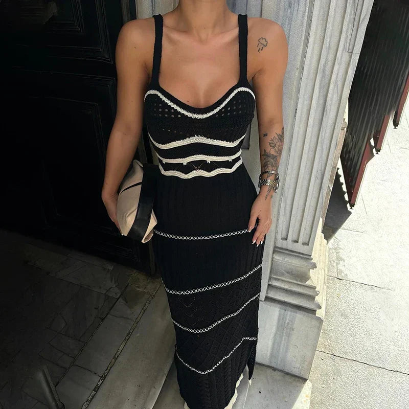 High Street U Neck Striped Knit Dresses Ladies Sexy Hollow Out Spaghetti Tank Long Dress Fashion Women Slit Bodycon Party Dress