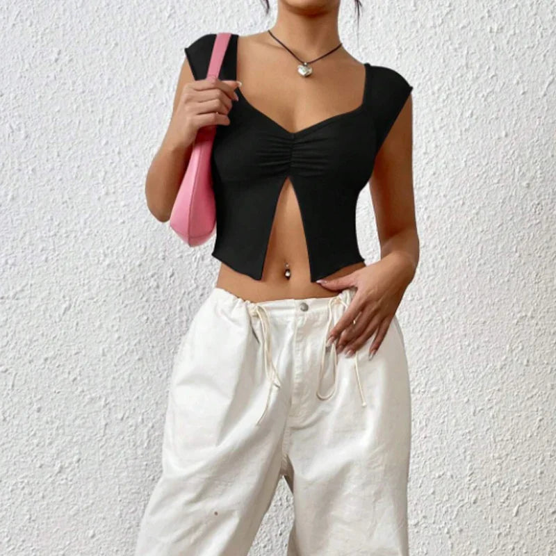 Pleated Deep VSlit Slim Fit Crop Top