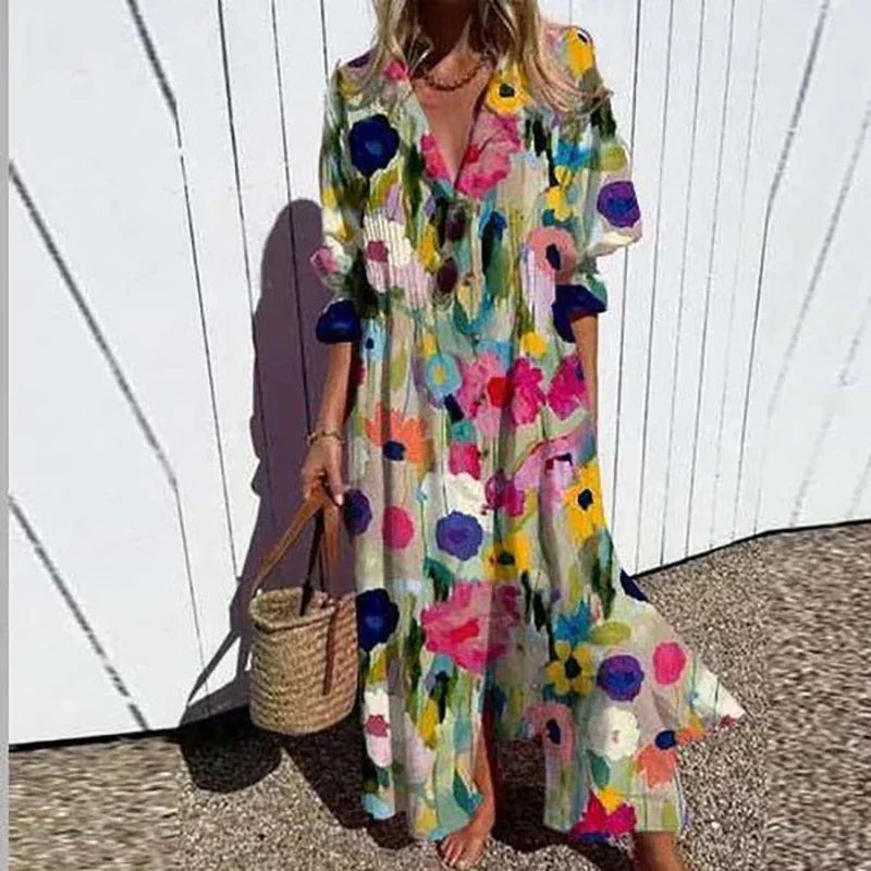 V-Neck Floral Print Puff Sleeve Tiered A-Line Maxi Dress