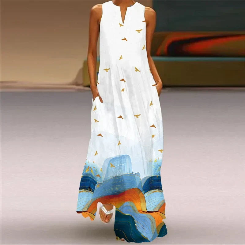 Split Neck Butterfly Print Sleeveless Pocket A-Line Maxi Dress