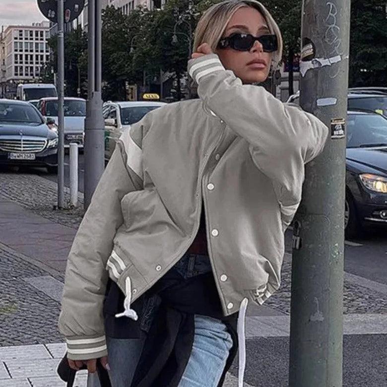 Gray Ribbed Trim Contrast Panel Oversized Varsity Bomber Jacket 4