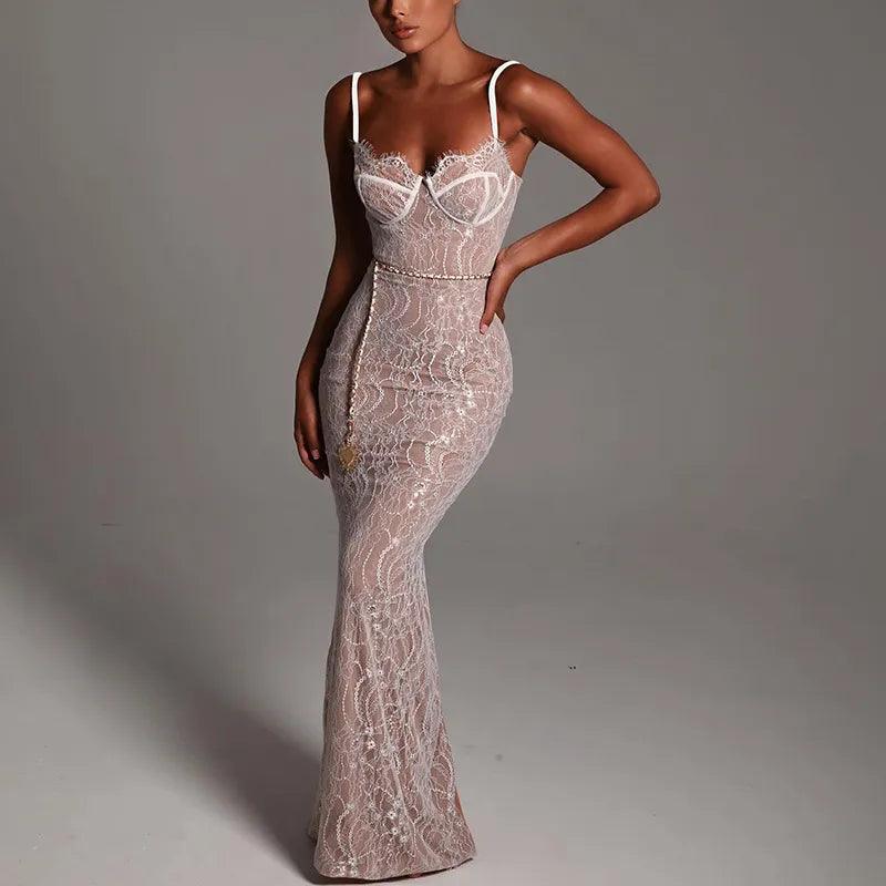 Spaghetti Strap Lace Underwire Chain Belt Bodycon Maxi Dress