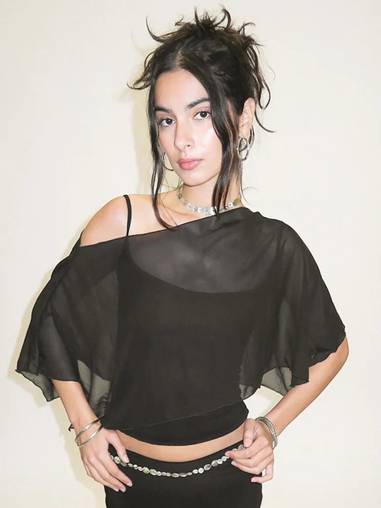 OneShoulder Mesh Crop Sheer Top