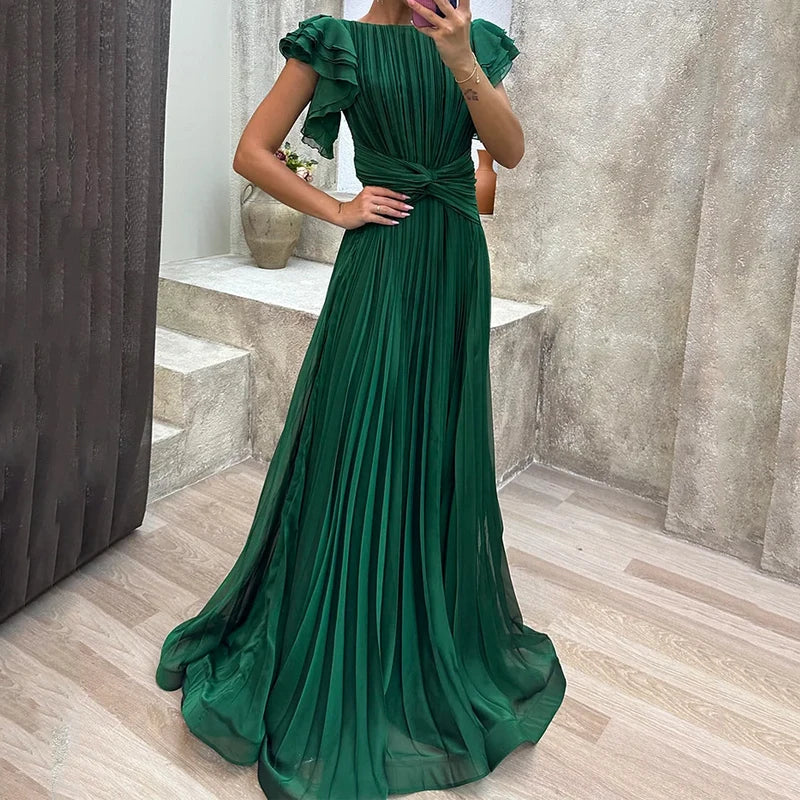 Round Neck Ruffle Sleeve Pleated Twist Front A-Line Maxi Gown 3