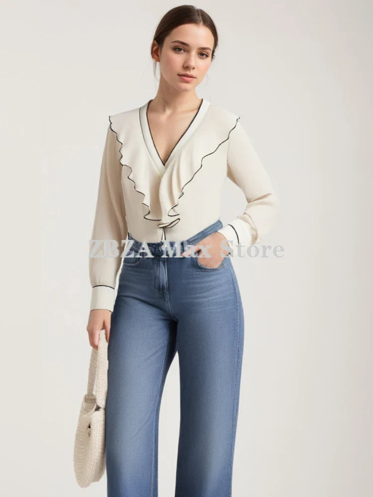 Women's Contrast Pleated Ruffle Vneck Long Sleeve Blouse