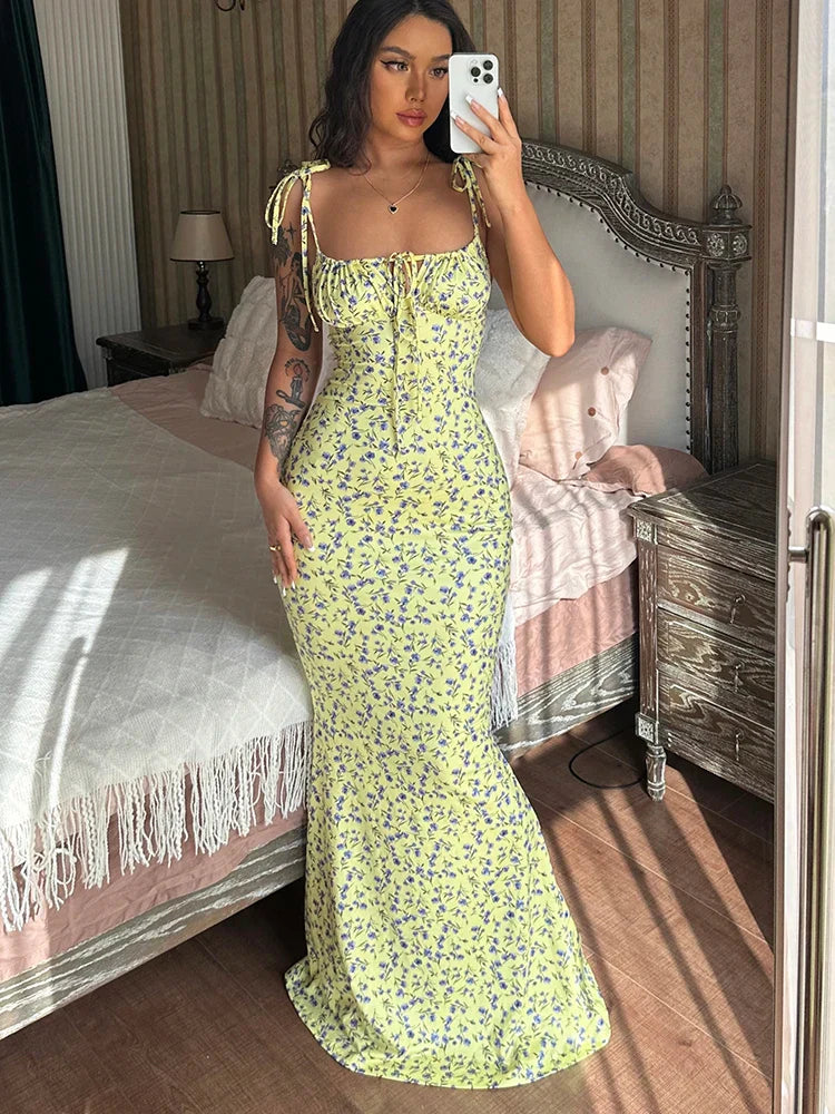 Sleeveless Lace Up Backless Floral Dress