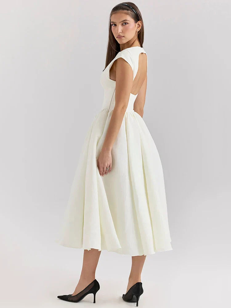 White Backless Solid Hollow Out Pleated Dress