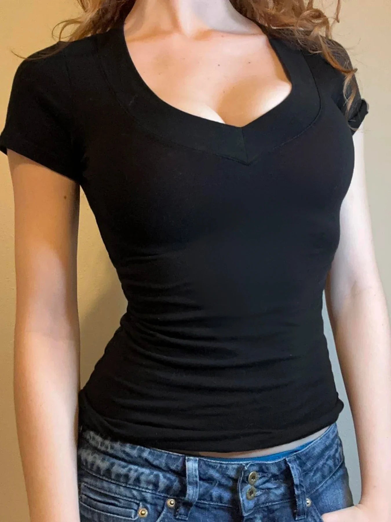 Solid Basic Slim VNeck TShirt Crop Top
