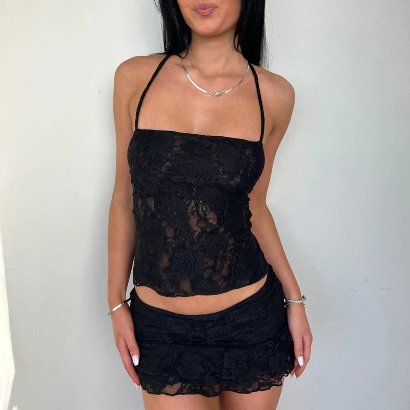 Lace Fairy TieUp Sleeveless Low Rise Mini Two Piece Skirt Set