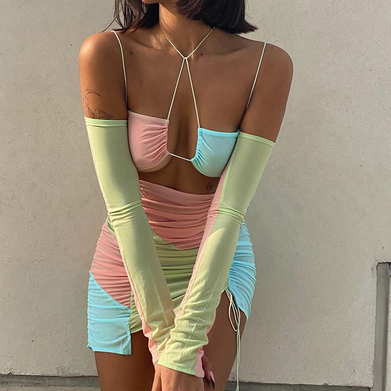 Multi Halter Strap Colorblock Mesh Ruched Cutout Bodycon Mini Dress