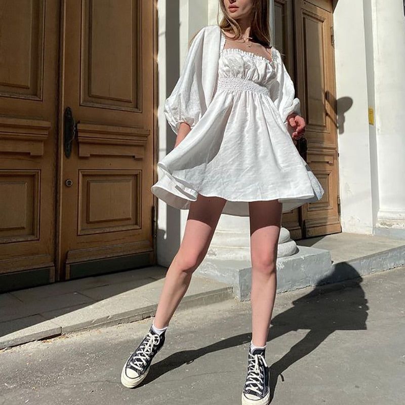 White Off-Shoulder Puff Sleeve Smocked A-Line Mini Dress