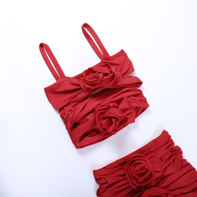 Red Spaghetti Strap Rosette Applique Ruched Cutout Bodycon Mini Dress