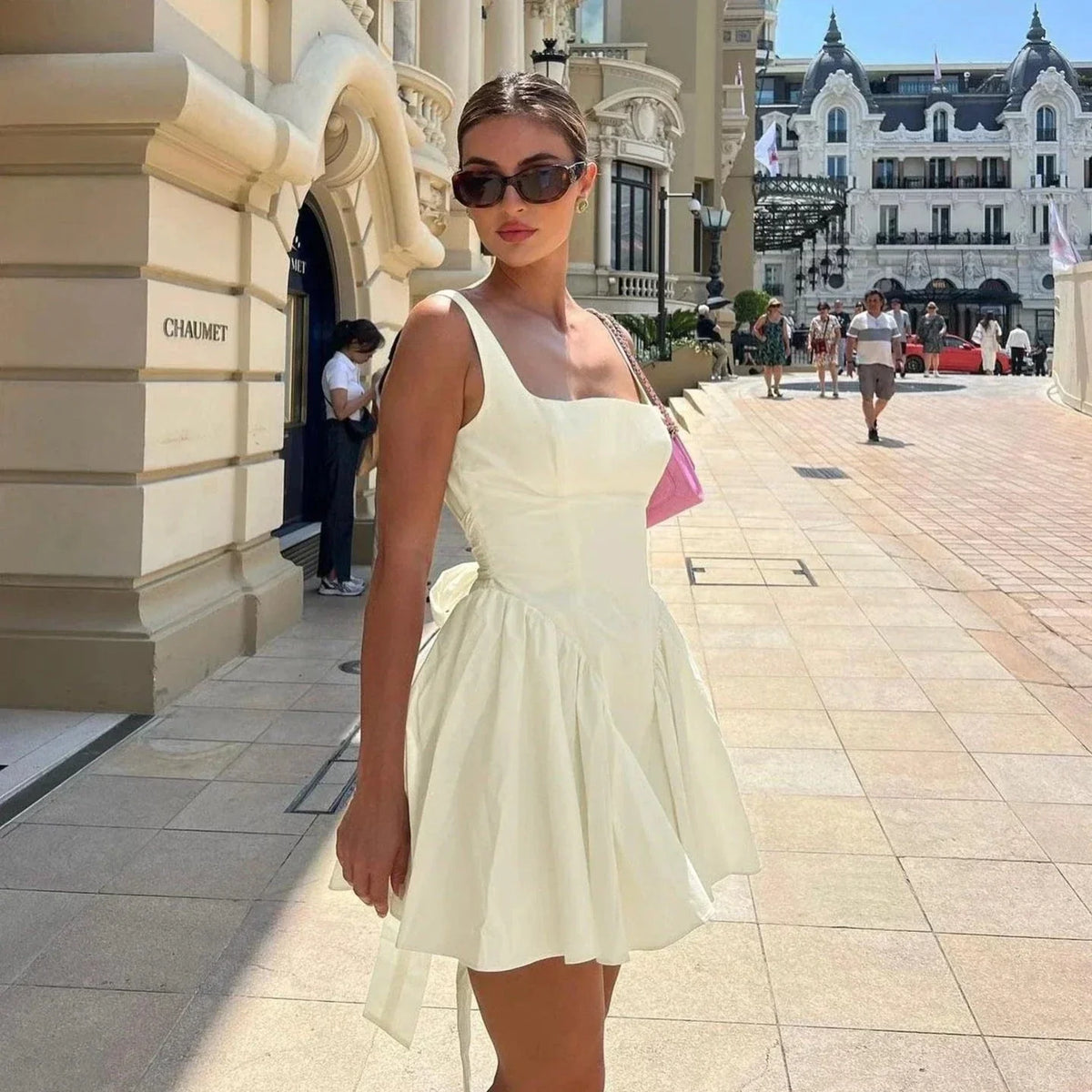 Open Back Oversized Bow Tie Flared Mini Dress