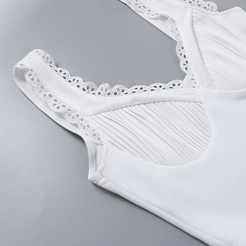 White V-Neck Lace Trim Strap Pleated Bust A-Line Mini Dress