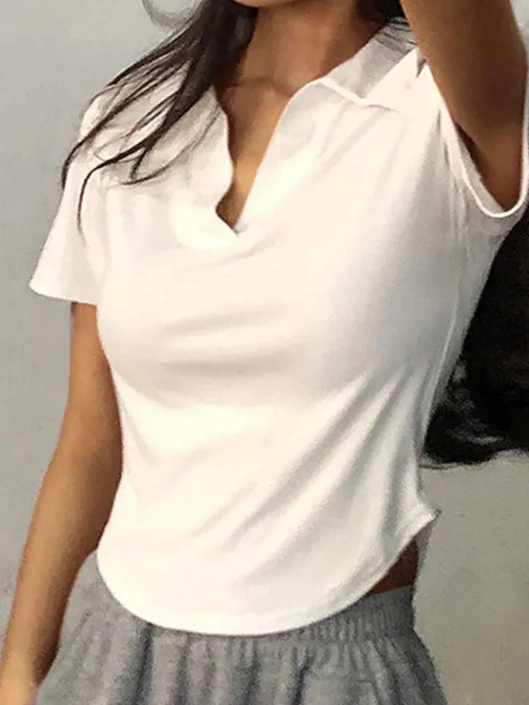 Solid VNeck Lapel Retro Crop Top