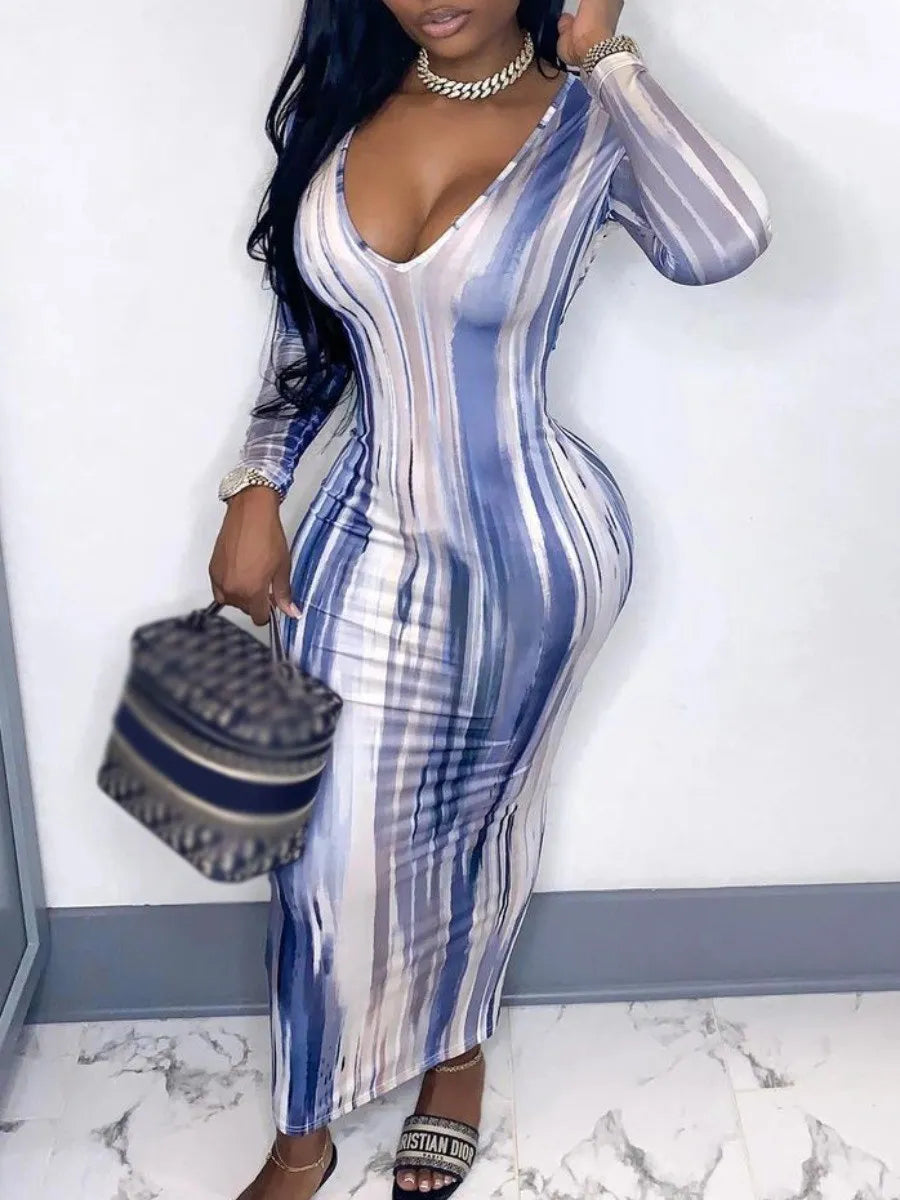 U Neck TieDye Print Bodycon Midi Dress
