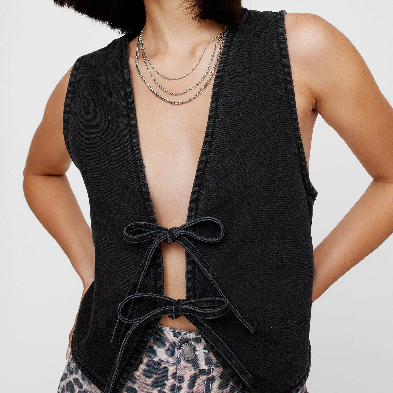 Vintage Denim Halter TieUp VNeck Waistcoat Cami Top