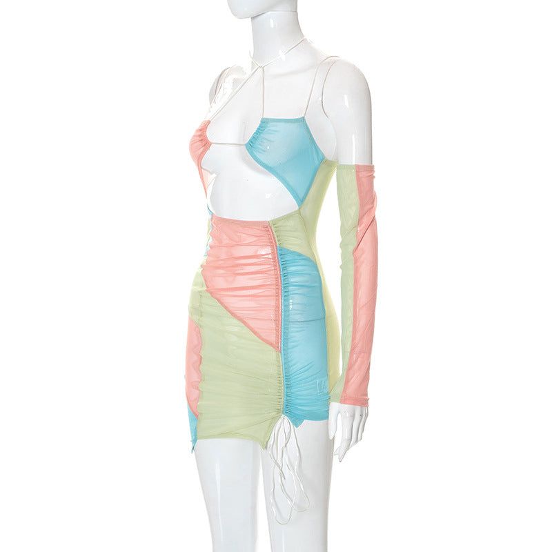 Multi Halter Strap Colorblock Mesh Ruched Cutout Bodycon Mini Dress