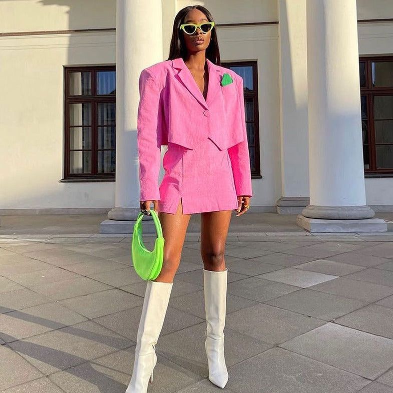 Pink Lapel Cropped Blazer Bralette Slit Mini Skirt Set