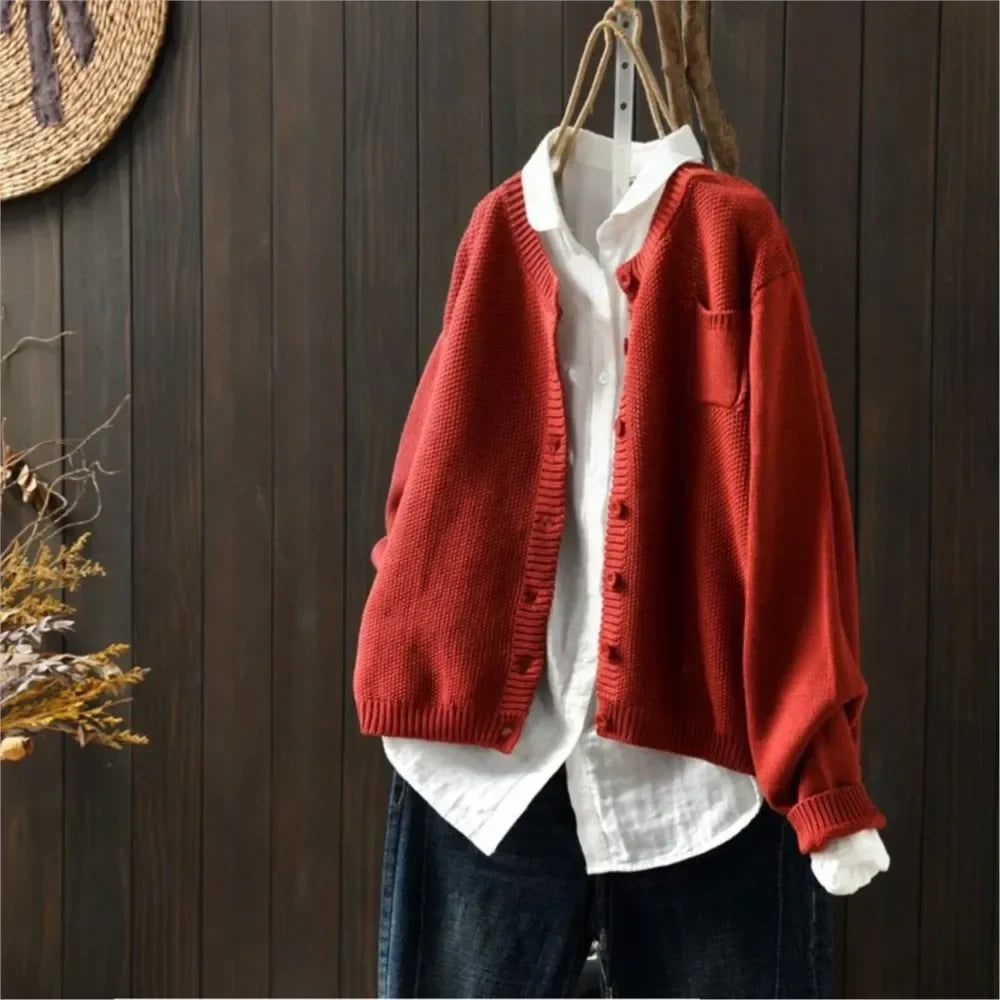 Round Neck Button Front Pocket Long Sleeve Knit Cardigan