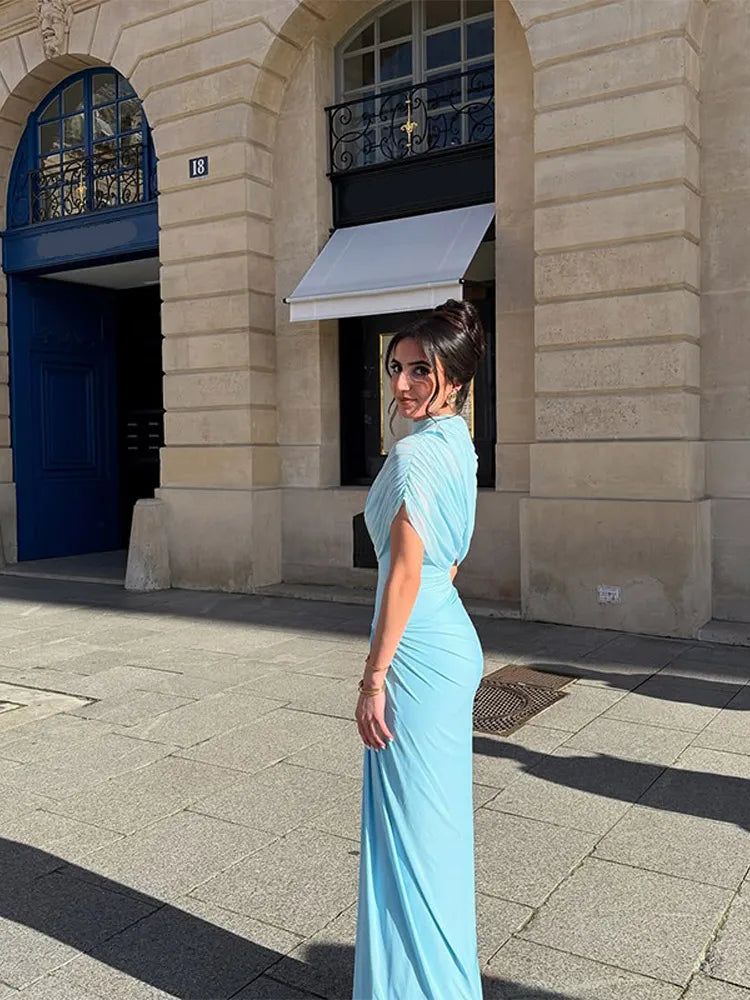 Blue Shawl Pleated A-line Maxi Dress
