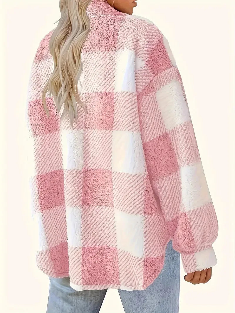 Collared Button Front Plaid Fleece Pocket Shacket Jacket
