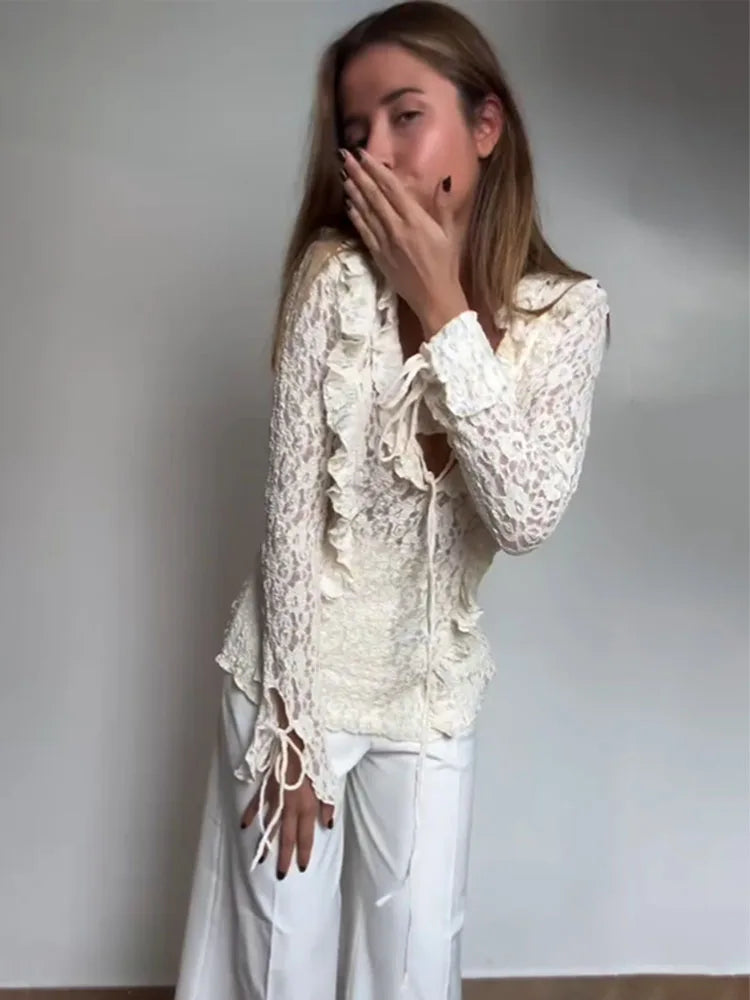 Women Spring Fashion Vneck Solid Lace Laminated Blouse