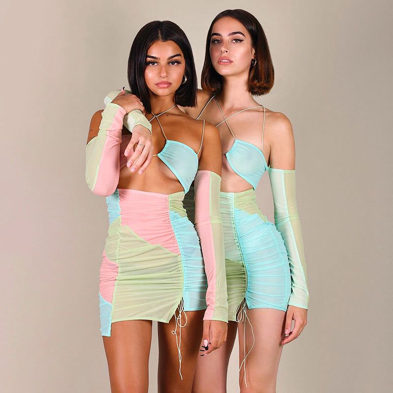 Multi Halter Strap Colorblock Mesh Ruched Cutout Bodycon Mini Dress
