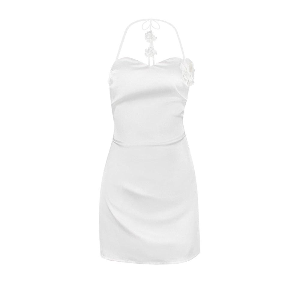 White Halter Satin Rose Applique Backless A-Line Mini Dress