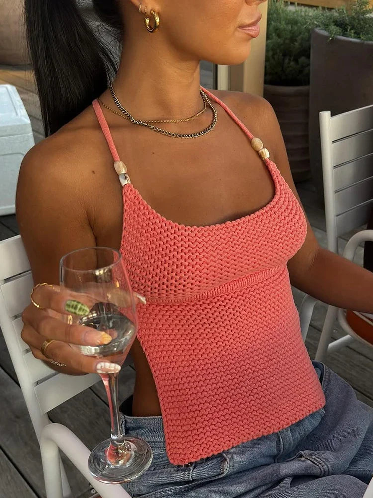 Mozision Knit Crop Backless LaceUp Cami Top