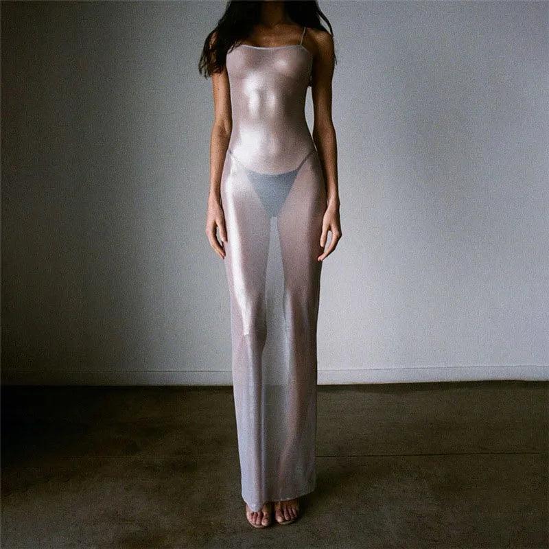 Silver Spaghetti Strap Sheer Metallic Mesh Bodycon Maxi Dress