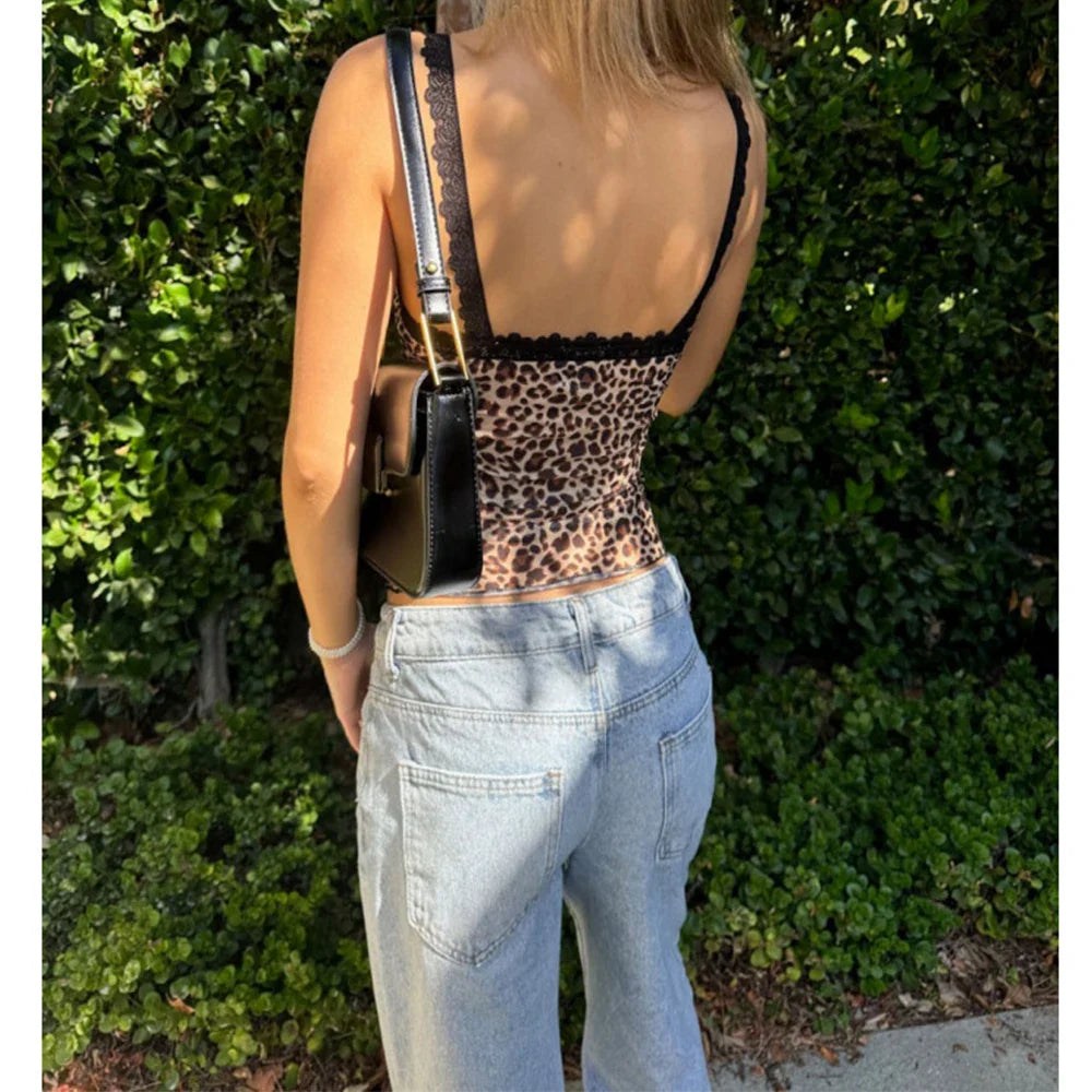 Lace Trim Leopard Print Grunge Cami Top