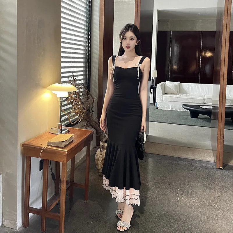 Black Ruffle Trim Fishtail Midi Dress