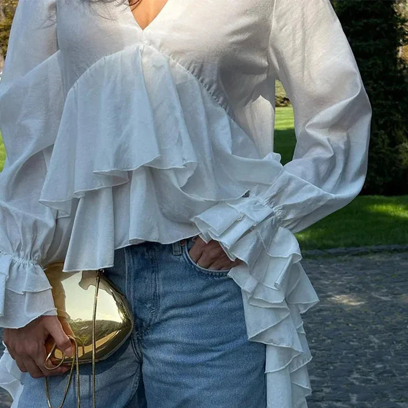 Ruffles Vneck Long Sleeve Casual Blouse