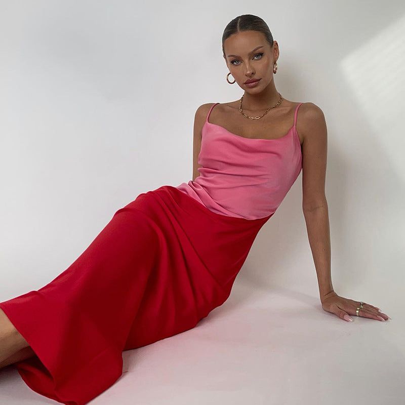 Red Cowl Neck Spaghetti Strap Satin Diagonal Panel Bodycon Maxi Dress