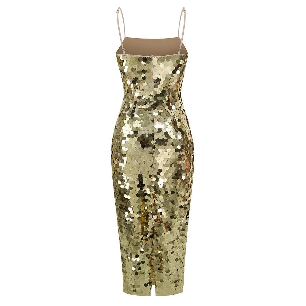 Gold Spaghetti Strap Disc Sequin Bodycon Midi Dress 6