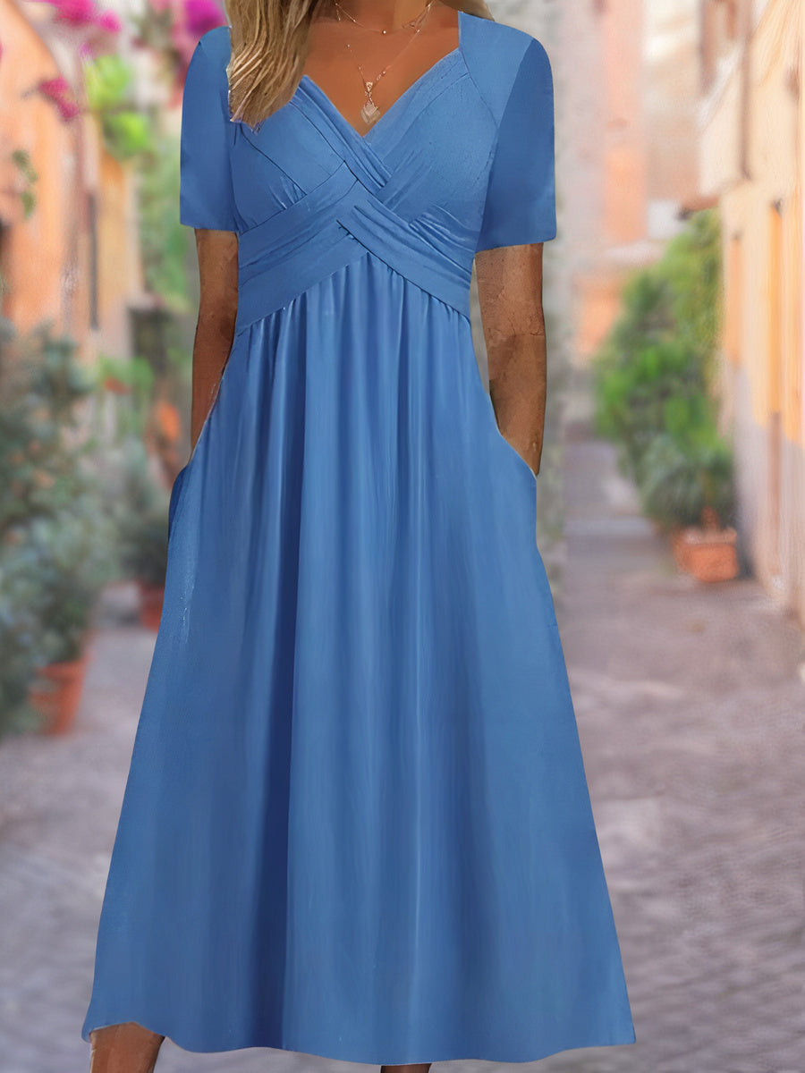 V-Neck Cross Front Ruched Short Sleeve Pocket A-Line Midi Dress