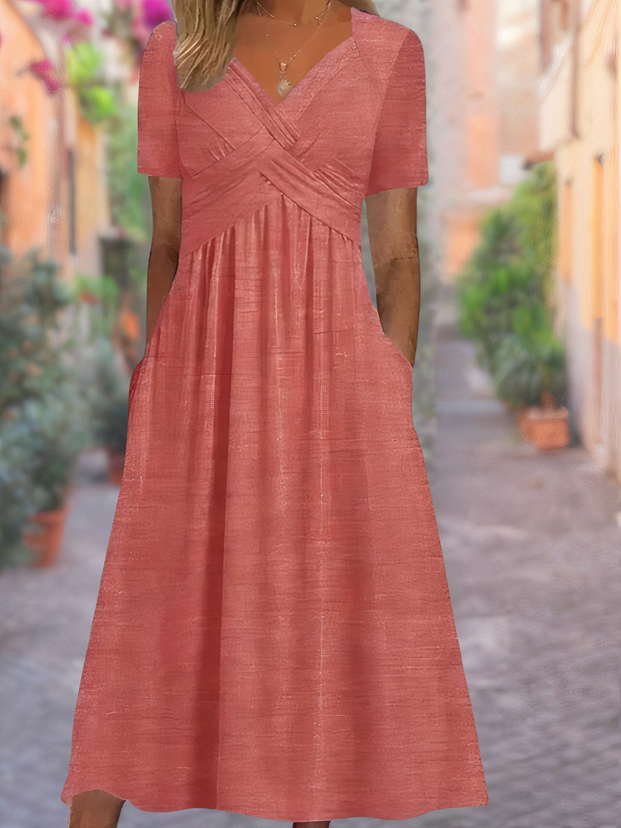 V-Neck Cross Front Ruched Short Sleeve Pocket A-Line Midi Dress
