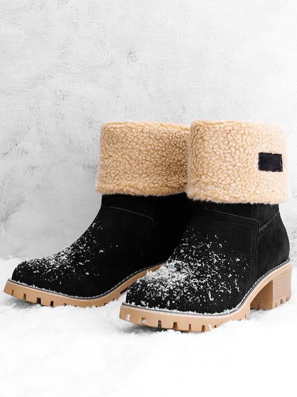 Fur Lined Fold Over Cuff Block Heel Ankle Snow Boots
