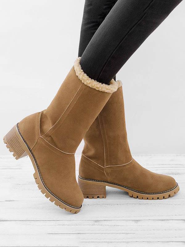 Fur Lined Fold Over Cuff Block Heel Ankle Snow Boots