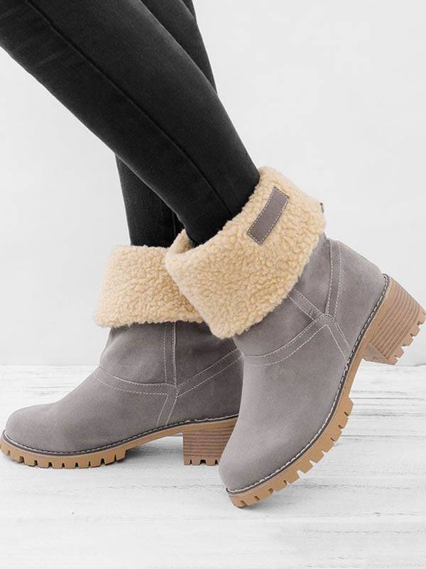 Fur Lined Fold Over Cuff Block Heel Ankle Snow Boots