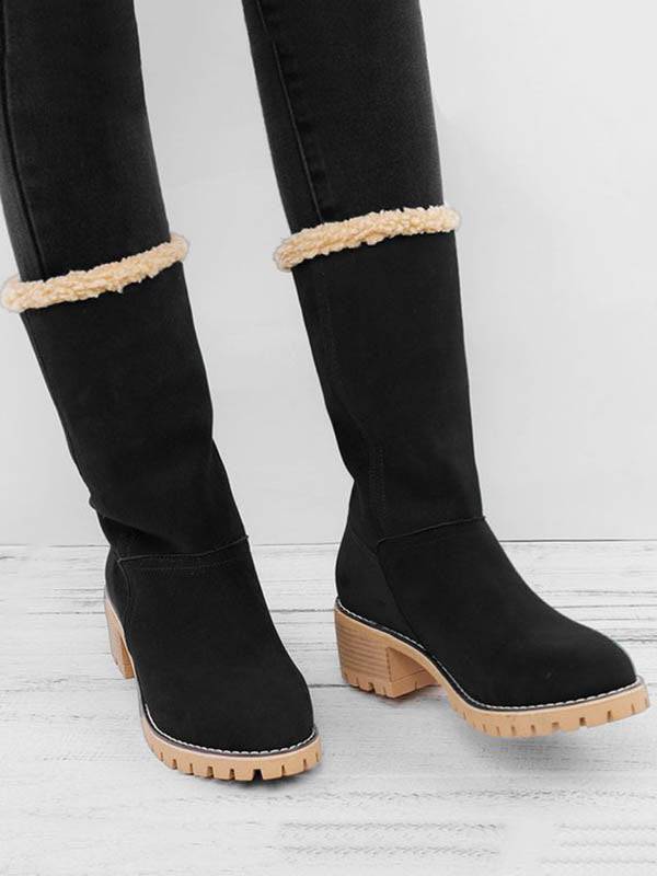 Fur Lined Fold Over Cuff Block Heel Ankle Snow Boots