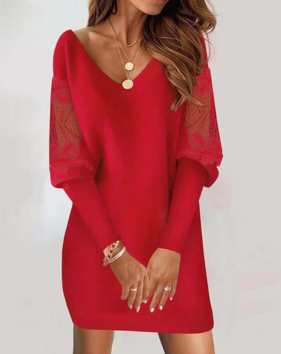 Taylor Premium Patchwork Dress with Long Sleeves and V Neck Designer Edit
