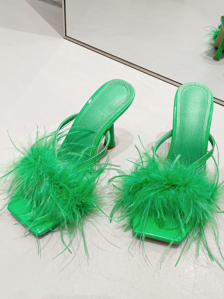 Feather Trim Square Toe Stiletto High Heel Mules