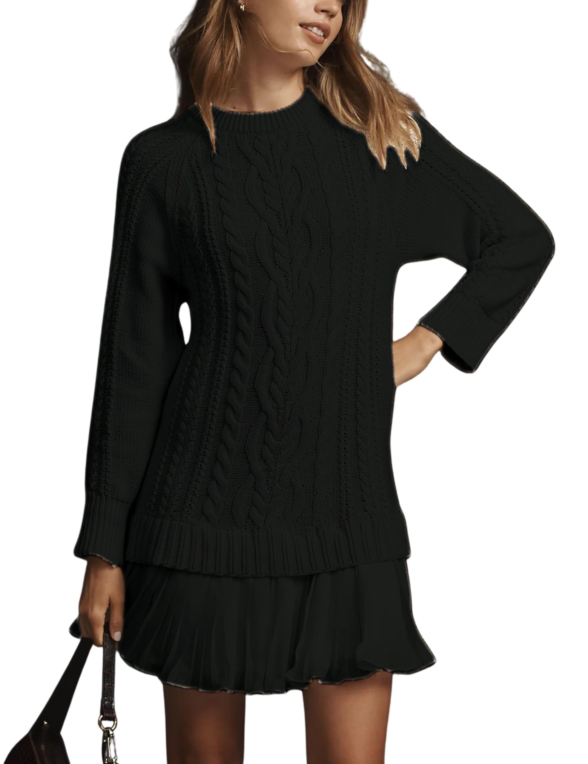 Round Neck Cable Knit Sweater Mini Skirt