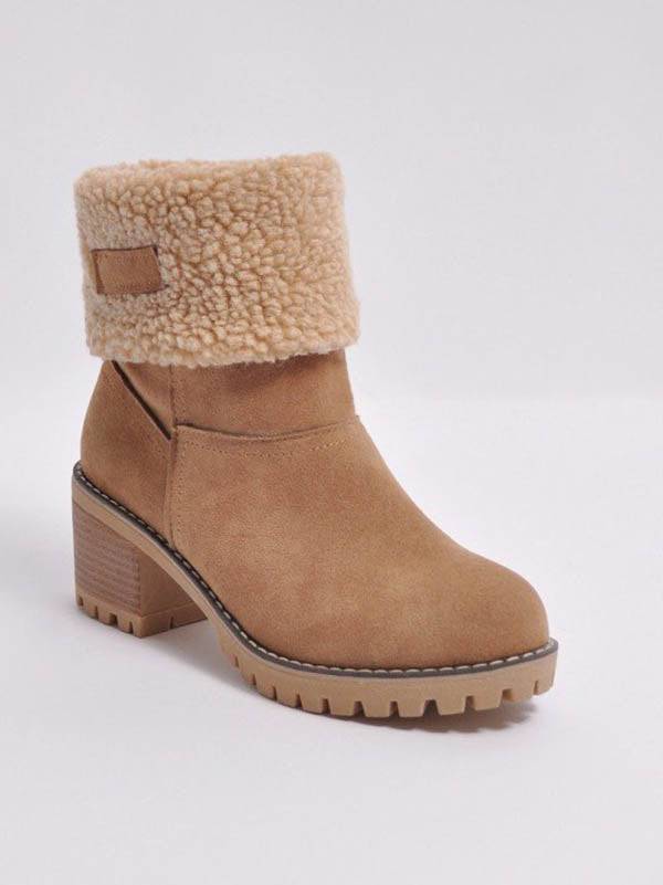Fur Lined Fold Over Cuff Block Heel Ankle Snow Boots